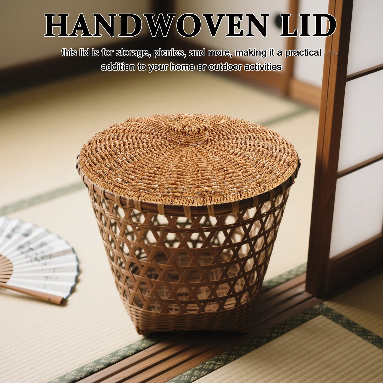 

Decorative Woven Basket Lid Plastic Storage Cover Handwoven Braided Top for Picnic Box Hamper Replacement Storage Bin