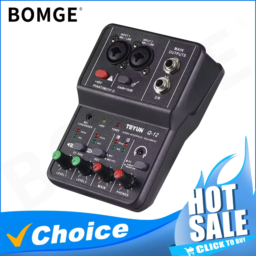 BOMGE Q-12 2 Channel Audio Mixer Sound Mixing Console USB 48V Phantom Power Compact Sound Mixing Amplifier Adapter for recording