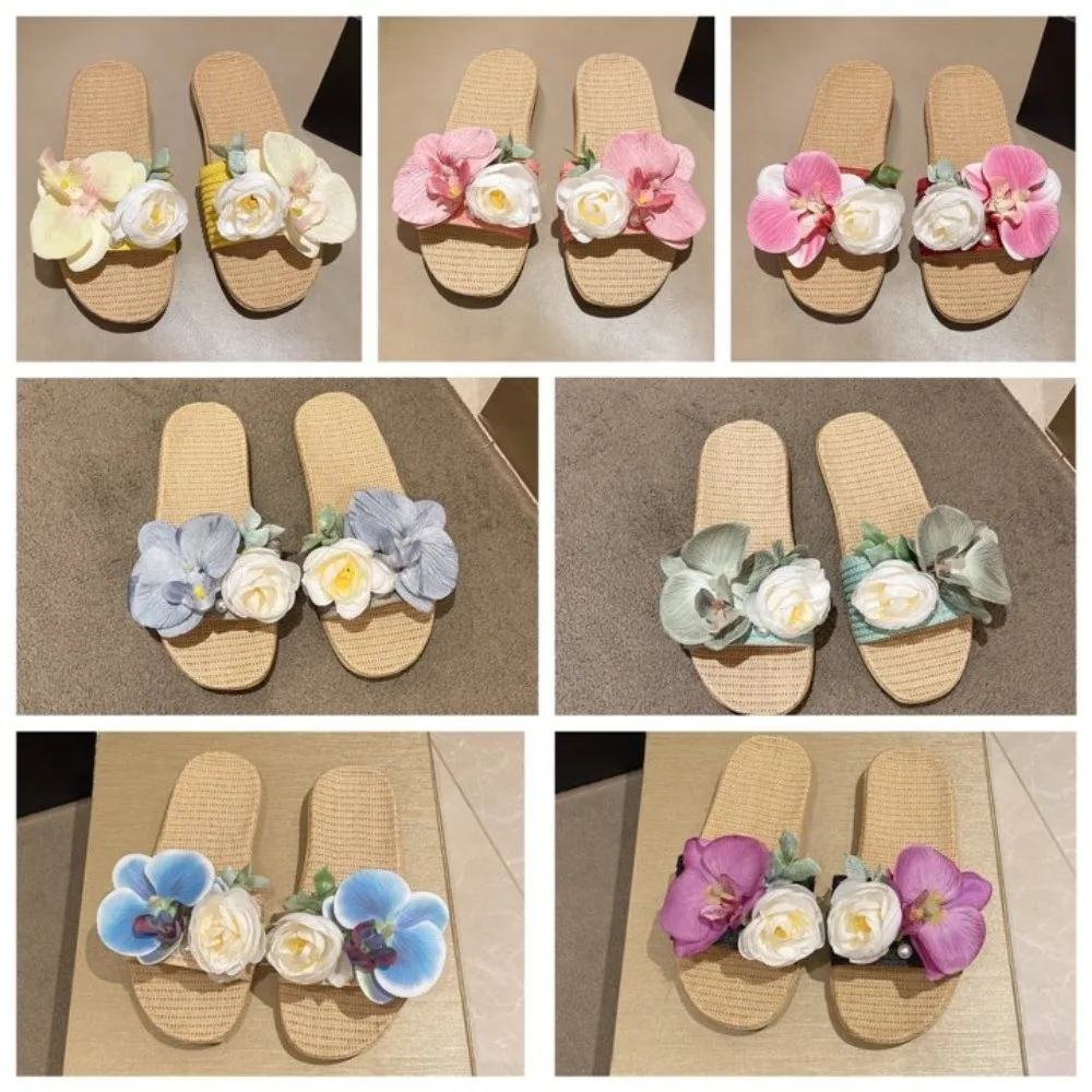 Casual Soft Flower Linen Slippers Flat Pearl Moth Orchid Sandals Shoes Non-Slip Butterfly Orchid Slippers Vacation Beach