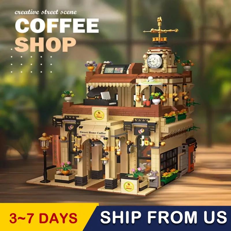 

Creative Ideas 89120 MOC Retro Coffee House Shop Light Street View Building Blocks Star Coffee Puzzle Toys Christmas Gifts