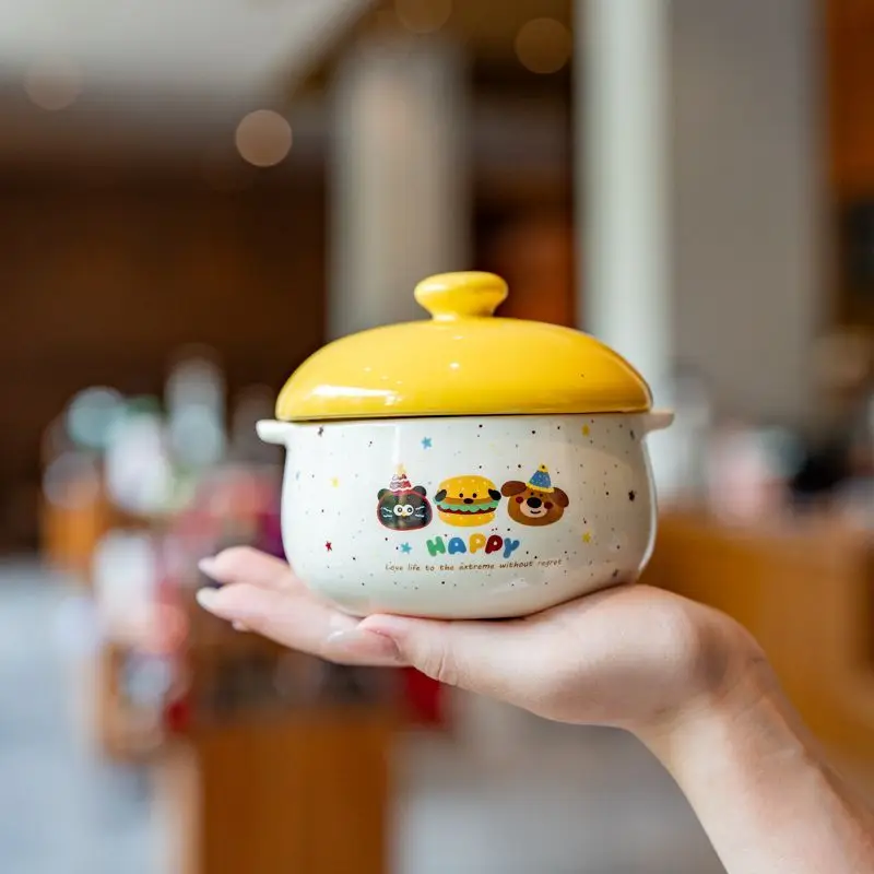 Cartoon Ceramic Bowl with Lid and Double Ear Spotted Porcelain Stew Pot Suitable for Baby Food,noodles,home Kitchen Utensils