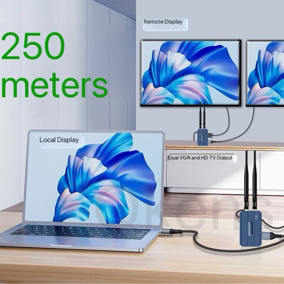 เครื่องส่งสัญญาณวิดีโอไร้สาย 1080p 4K 250M และตัวรับสัญญาณ HDMI Extender Adapter สำหรับสะท้อนหน้าจอ กล้อง คอมพิวเตอร์ไปยังทีวีหรือจอภาพ