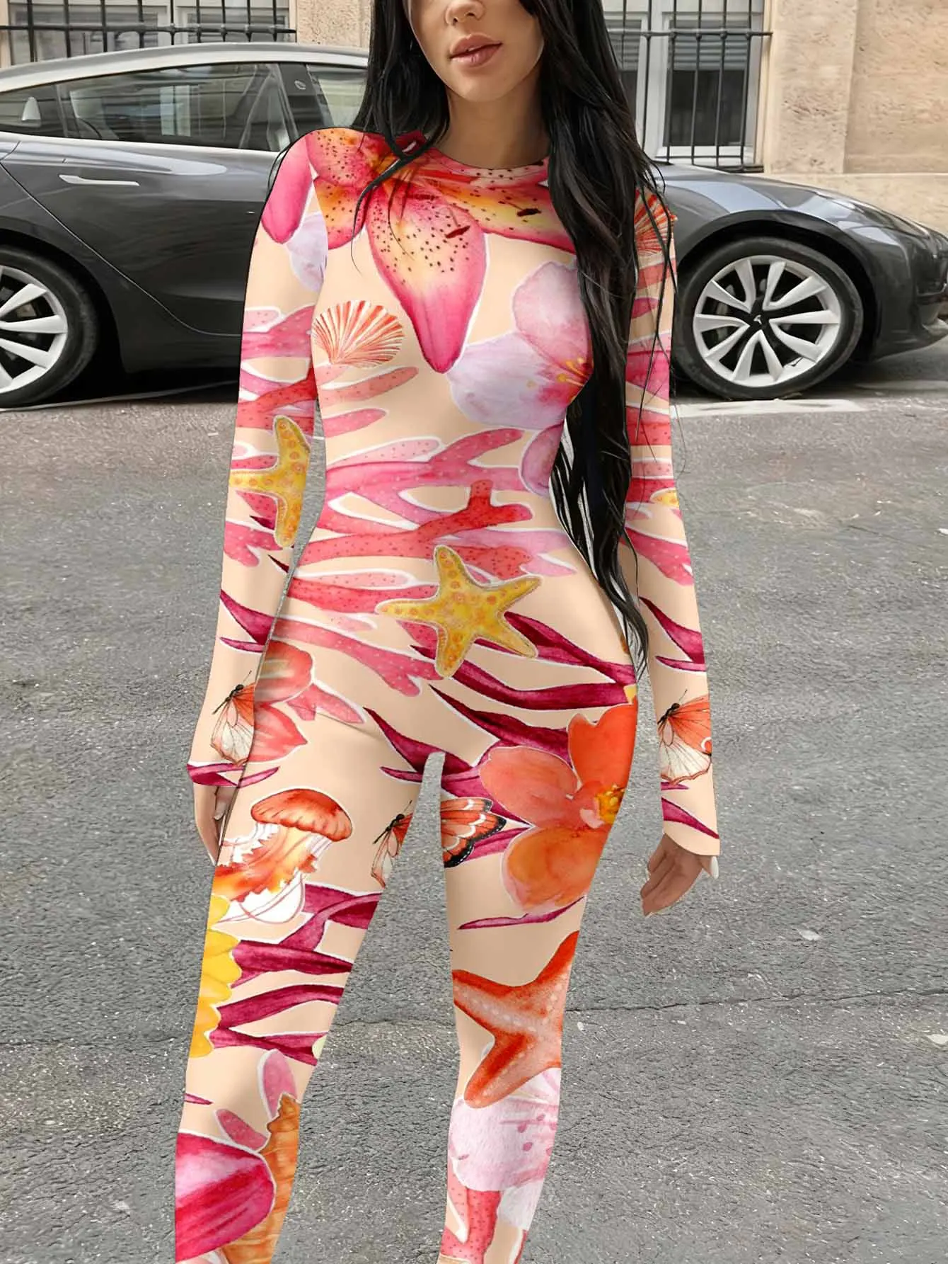 Simple long sleeved jumpsuit with high waist and abdominal design, comfortable and snug fit, casual women's pants