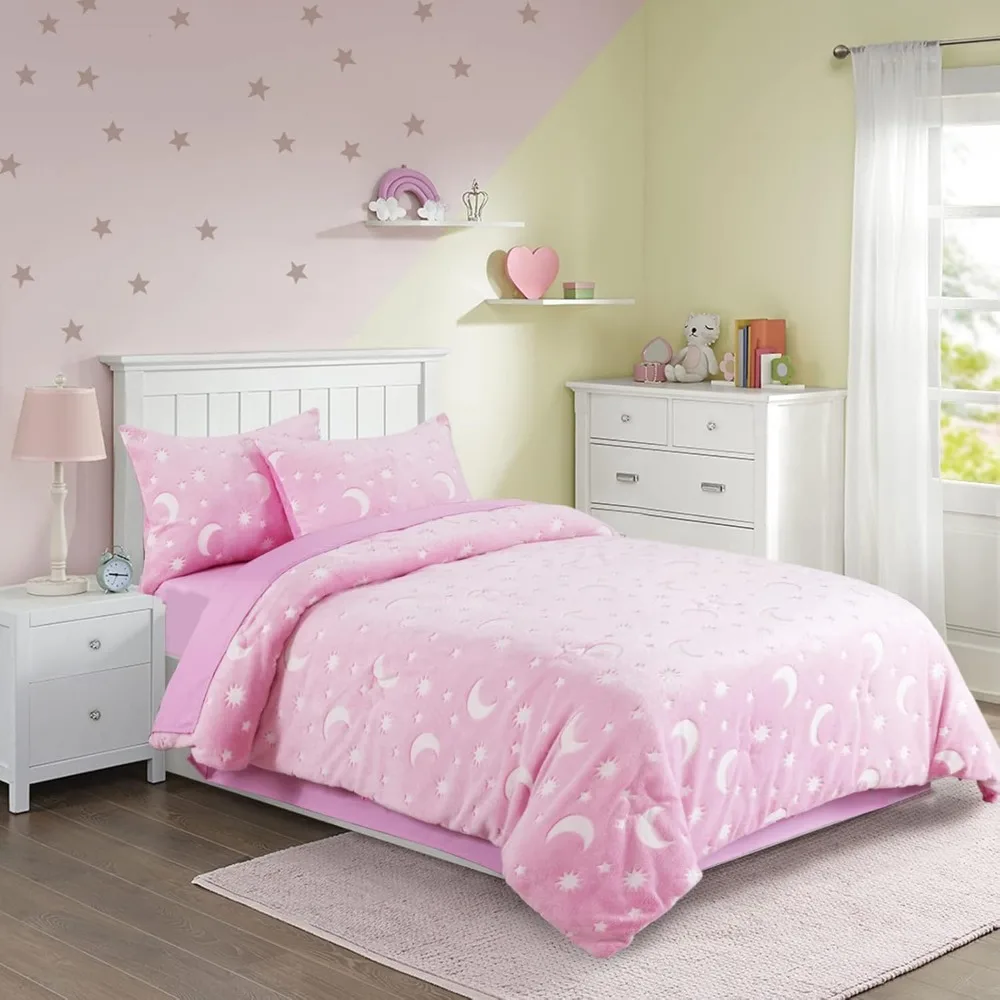 HOMBYS Conjunto de edredom que brilha no escuro 5 peças Twin/Twin XL com lençóis, conjuntos de edredom de cama de veludo rosa para cama de solteiro, Ultra S