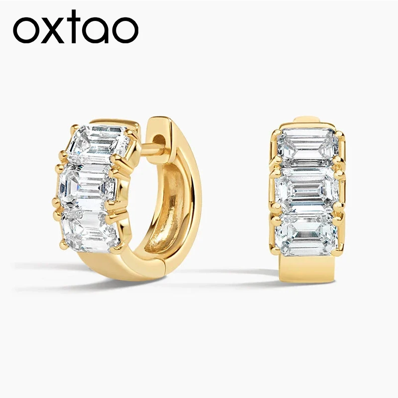 

Серьги-кольца OXTAO с муассанитом изумрудной огранки для женщин, цвет D, VVS1, минималистичные, с кристаллами, для проколотых ушей, свадебные украшения