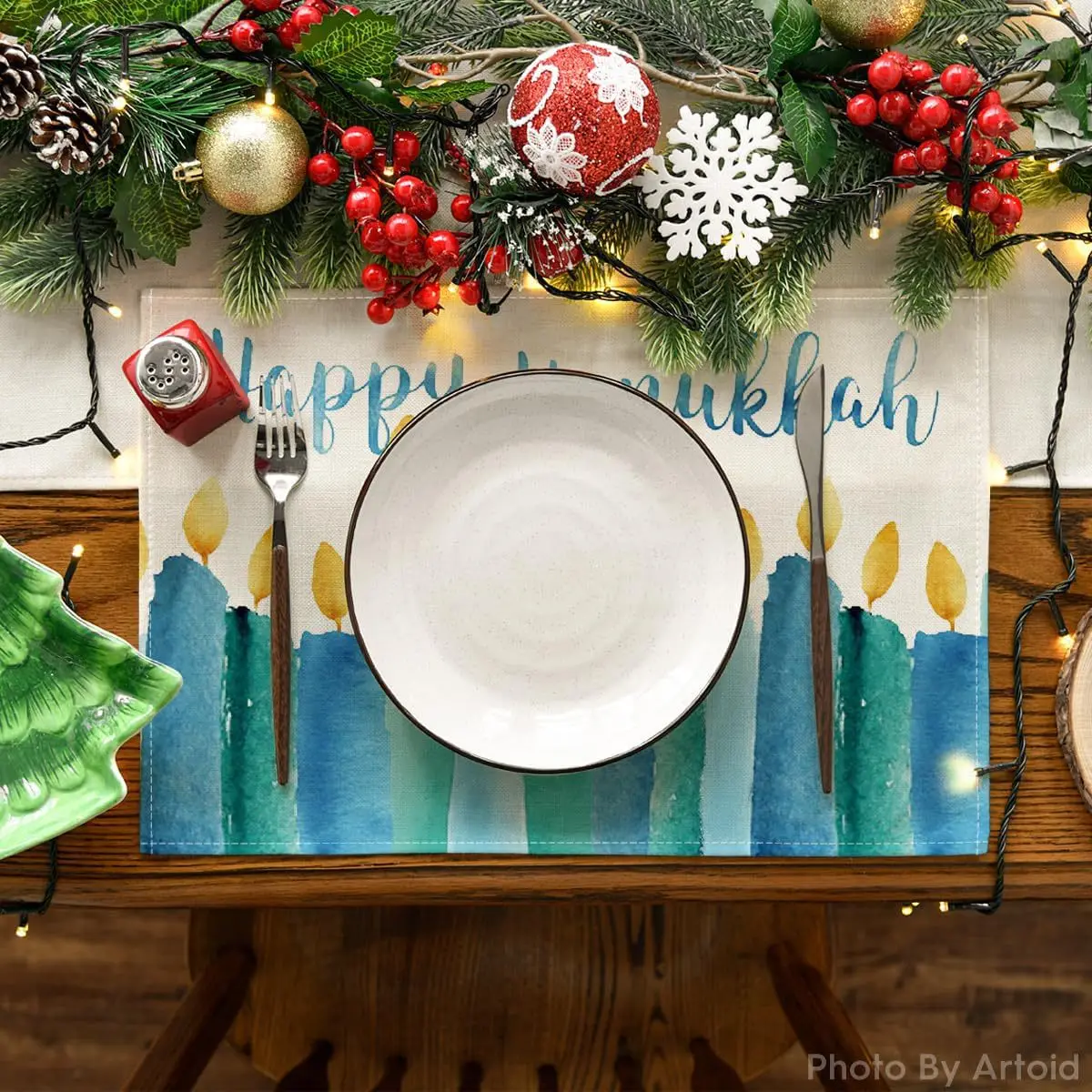 8Pcs Jewish Holiday Placemat Set Hanukkah Menorah Star of David Rosh Hashanah Kitchen Dining Table Decor Holiday Gift Linen Pad