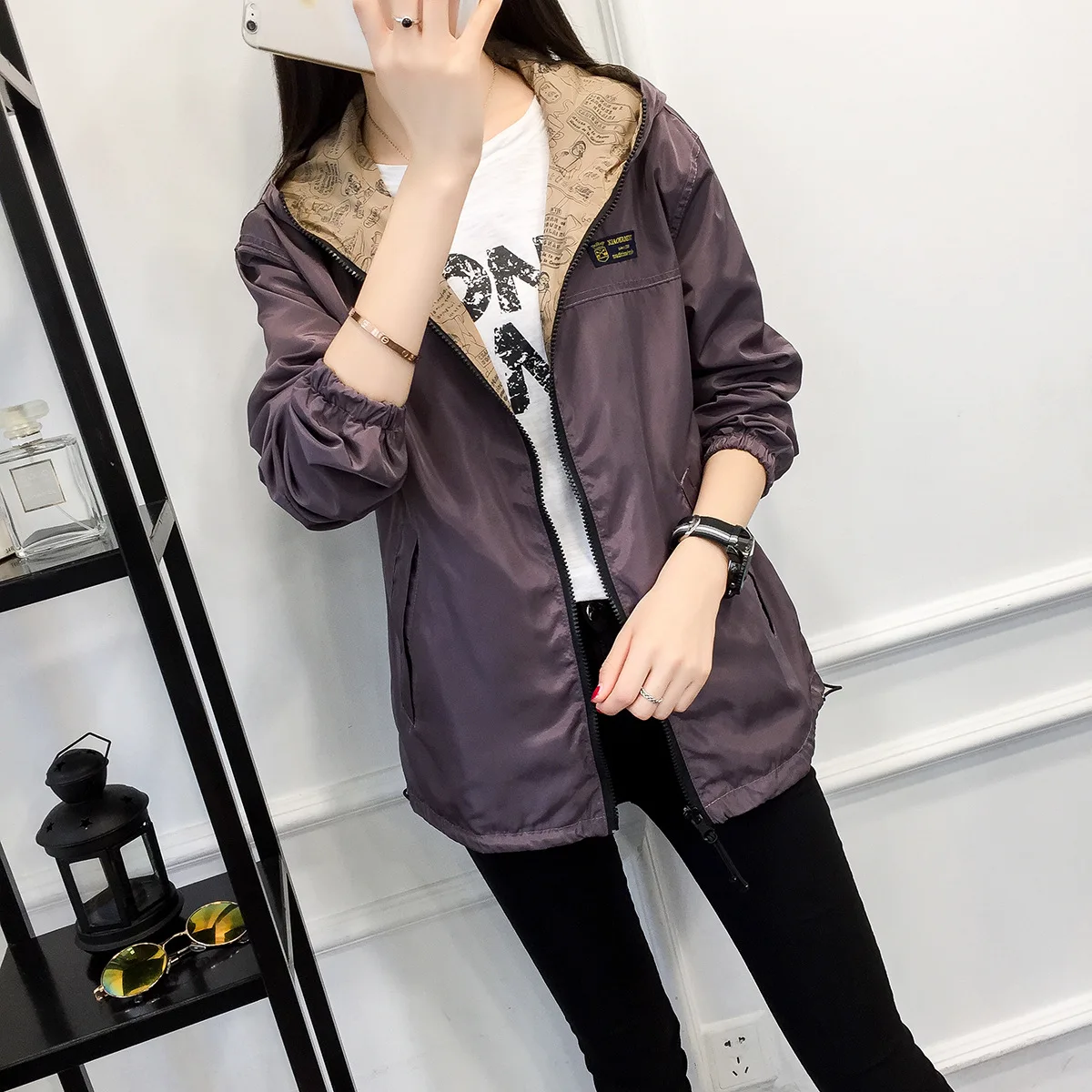 Spring Autumn Hooded Jacket Harajuku Zipper Pockets Bomber Womens Jackets Casual Color Block Coats Streetwear Outwear Clothes