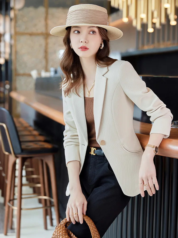 Damski garnitur khaki, casualowy, dopasowany, wiosenno-jesienny, nowość, wysoka jakość, styl rekreacyjny, zapinany na guziki, długi rękaw.