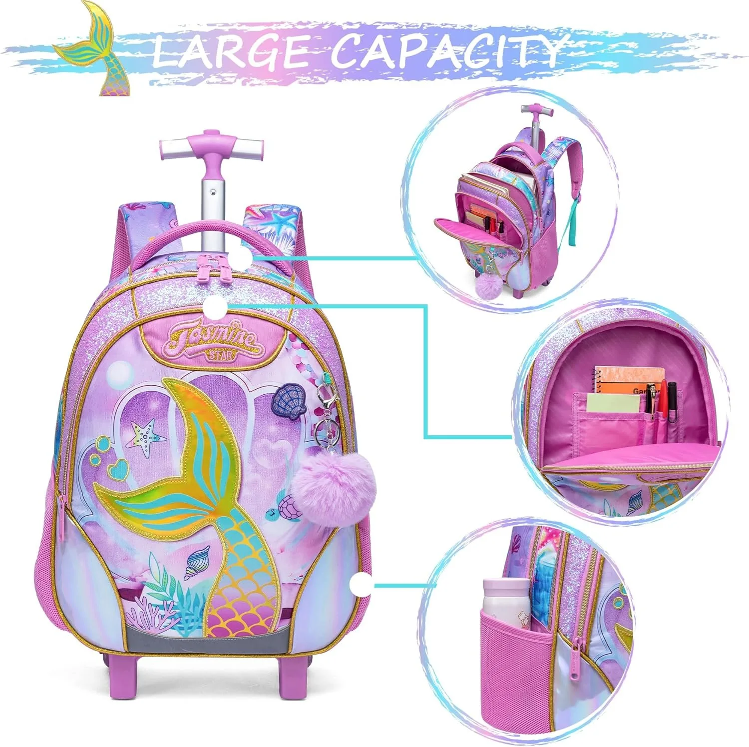 حقيبة ظهر حورية البحر للفتيات والأطفال حقيبة مدرسية بعجلات للسفر تحمل الأمتعة حقيبة كتب ذات سعة كبيرة للمدرسة الابتدائية #3