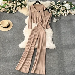 ALPHALMODA 2024 Spring Women Metal Buckle Vest + Knitted Cardigan Wide Leg Pants Fashion 3-Piece Suit