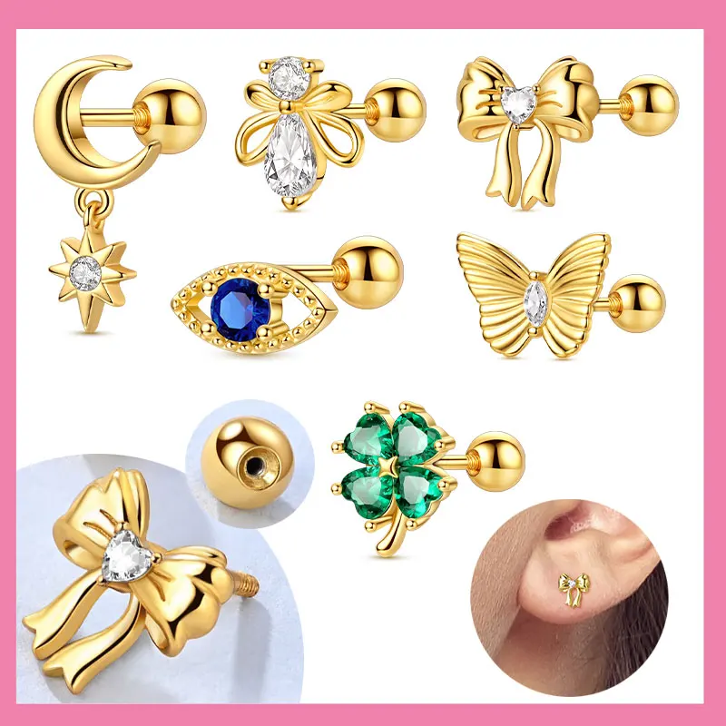 925 Sterling Silver Screw Ball Earring Gold Colour Clover Butterfly Firefly Stud  Earrings for Women Wedding Gift Luxury Jewelry