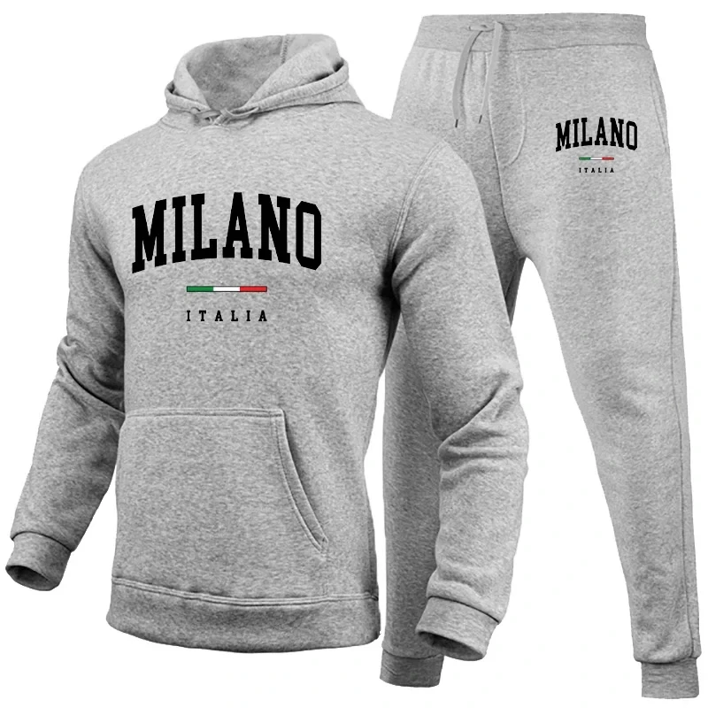 Men\'s Luxury Hoodie Set Milano Print Sweatshirt Sweatpant for Male Hooded Tops Jogging Trousers Suit Casual Streetwear Tracksuit