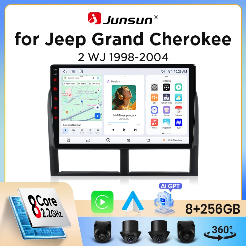 Autoradio sans fil Junsun CarPlay Android Auto pour Jeep Grand Cherokee 2 WJ 1998-2004, systèmes intelligents DSP SWC RDS GPS FM BT