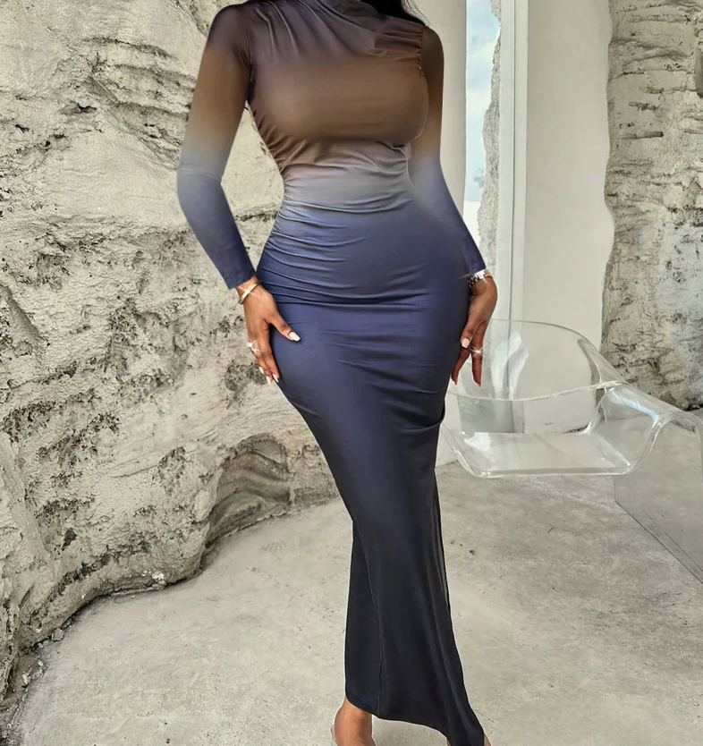 Color blocking and blending mid length dress with hip hugging and long sleeves