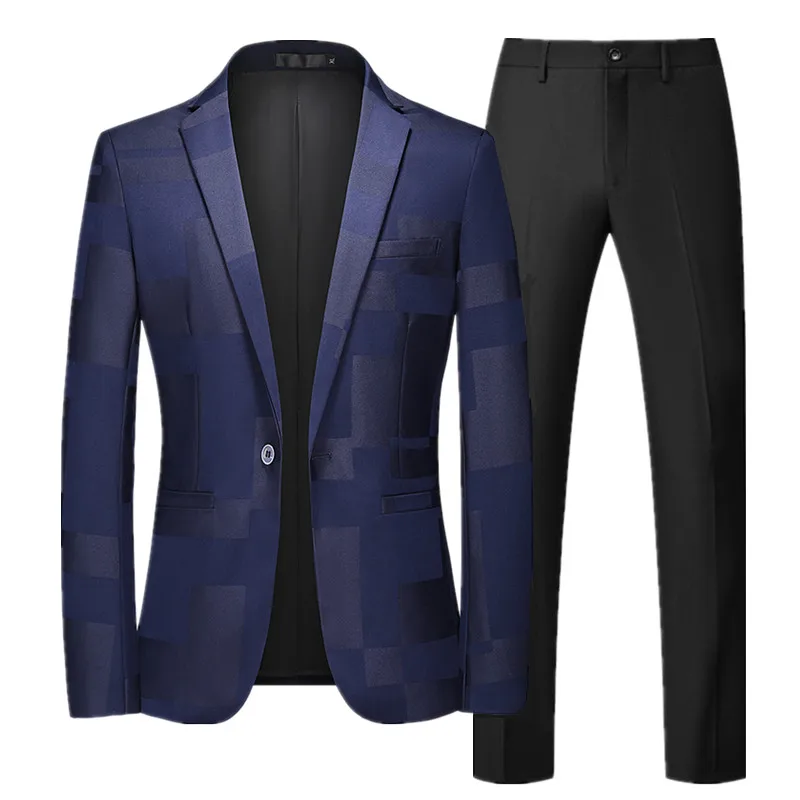 Fashion Brand Male Jacquard Suit Classic Black / White / Blue Business Wedding Banquet Party Dress Men Blazers and Pants