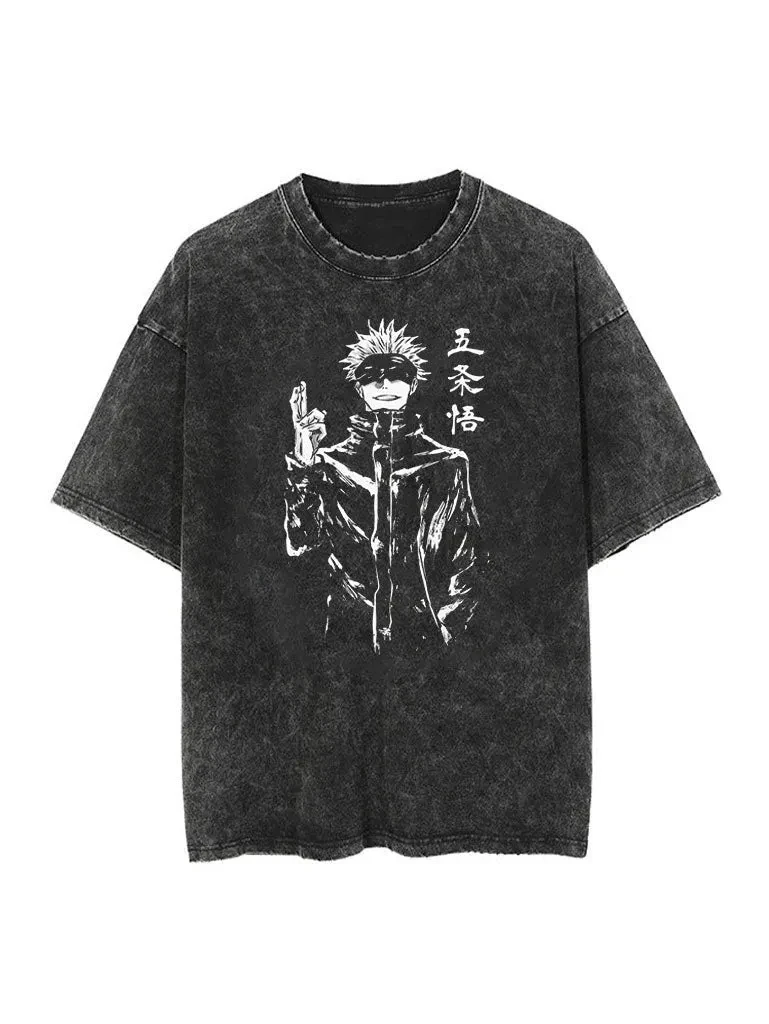 Gojo Satoru أنيمي Jujutsu Kaisen Harajuku خمر غسلها تي شيرت القطن الرجال الشارع الشهير المتضخم النساء قصيرة الأكمام للجنسين Y2k