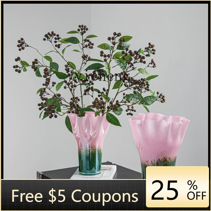 

YFY wind pink green gradual change glass vase home modern living room decoration light luxury hydroponic flower arrangement