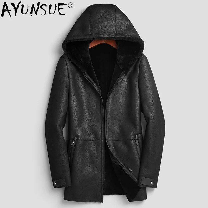 

AYUNSUE Winter Natural Wool Sheepskin Coat Men's Black Real Fur Coats New Hooded Warm Casual Streetwear Jaqueta Masculina SQQ327