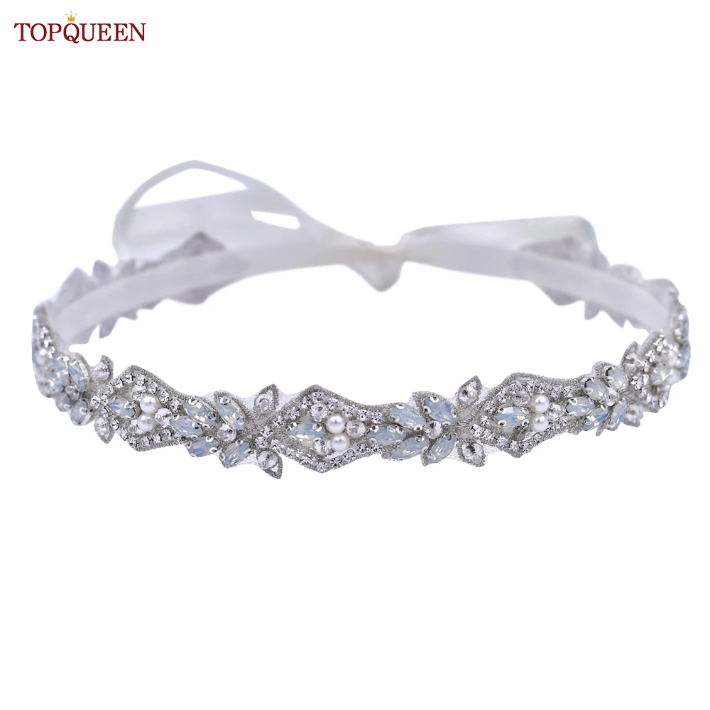 TOPQUEEN S485หรูหรา Rhinestone เข็มขัด Silver Opal Pearl Jewel Sash เงาผู้หญิงชุดแต่งงานเจ้าสาวเข็มขัด