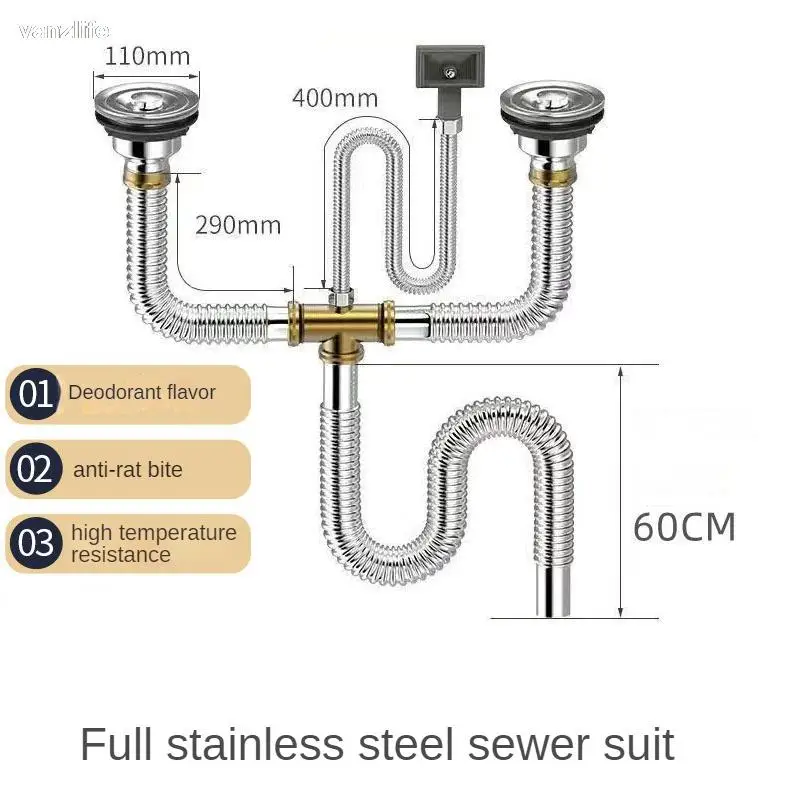 Kitchen Vegetable Basin Downcomer Fittings Sink Drain Pipe 304 Stainless Steel Drainer Deodorant Double-Slot Gadget Set