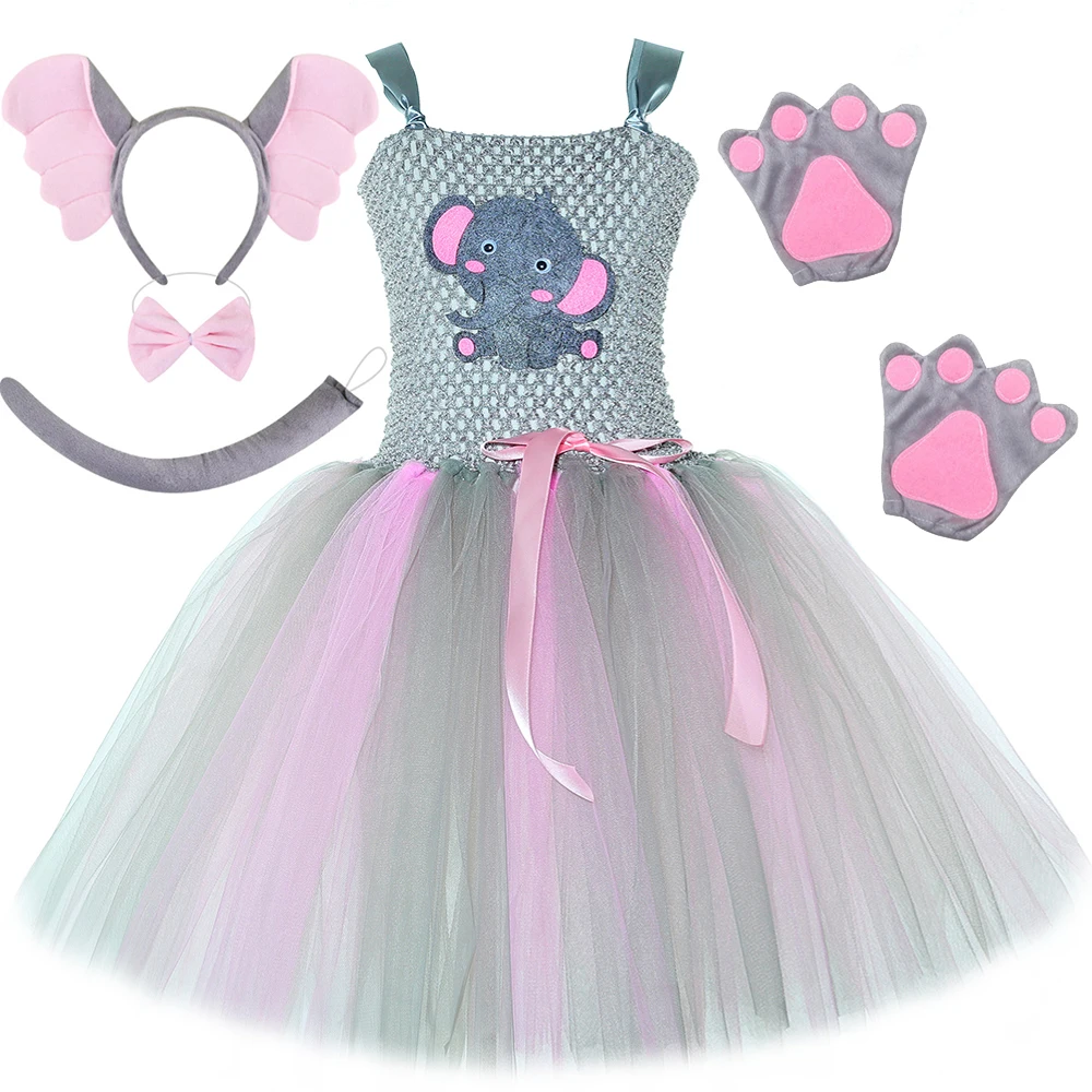 Pink Grey Elephant Costume for Girls Cute Animal Tutu Dress Kids Birthday Halloween Fancy Outfit with Elephant Ears Trunk Tail