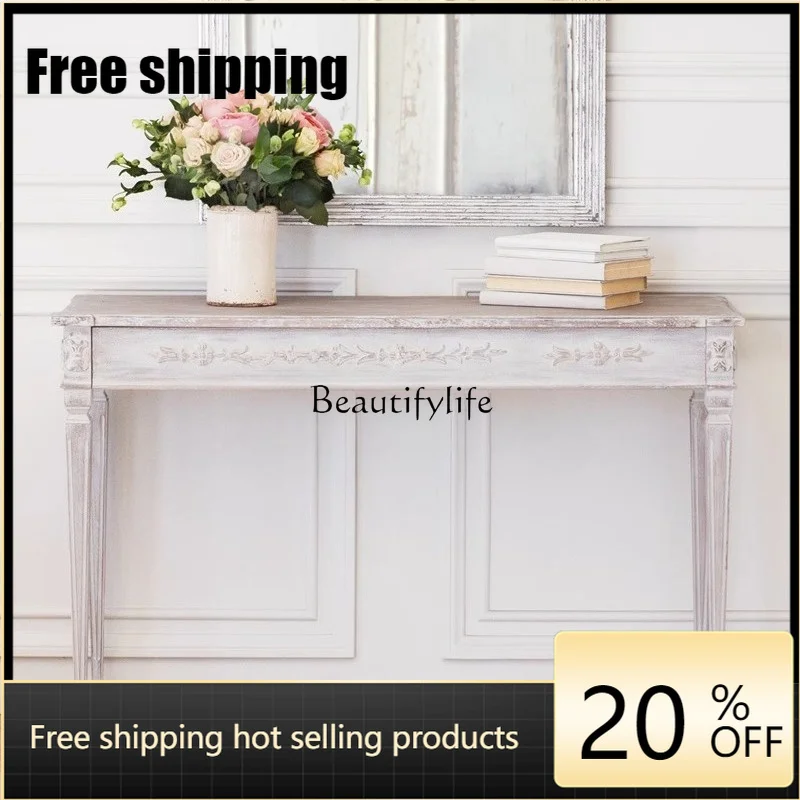 XX French Retro Solid Wood Washed White Old Guest Restaurant Entrance Table Foyer Cabinet