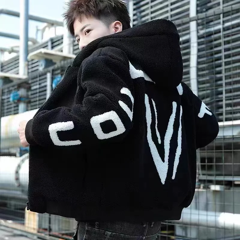 

Lamb Velvet Thiened Winter Jaet Men's Hooded Cotton Coat Korean Sle Trendy Warm Fluffy Cotton Padded Youth Casual Wear