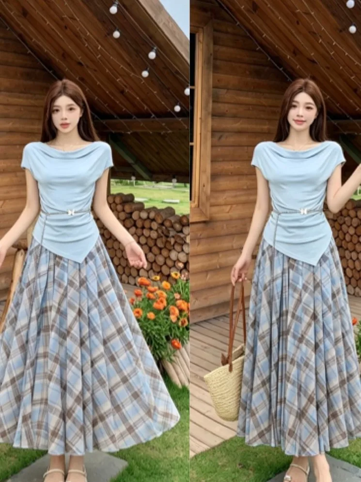 

plus Size Women's T-Shirt And Plaid Skirt Set Summer Fashion Casual Comfortable Fit Short Sleeve Waist-Cinching Outfit