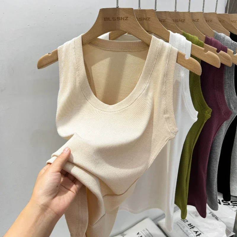2026 Koreanischer Stil, vielseitig, schlank, Tanktops und Camis, Sommer, grundlegendes, elastisches Tanktop für Damen, solides, geripptes Leibchen mit niedrigem Rundhalsausschnitt