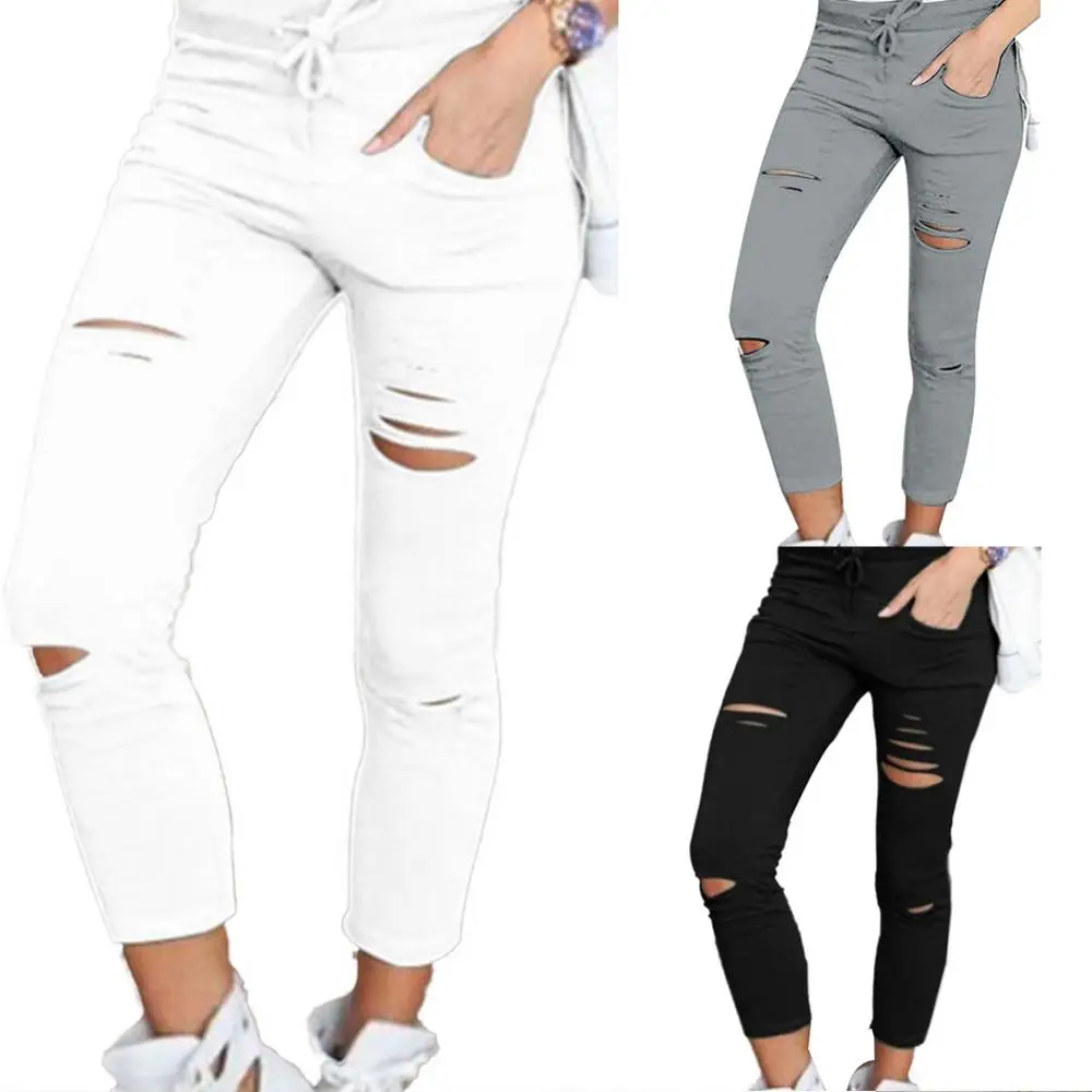 1Pc Comfotable Women Pencil Pants Oversized Solid Color High Waist Pencil Pants Drawstring Ripped Skinny Leggings for Daily Wear