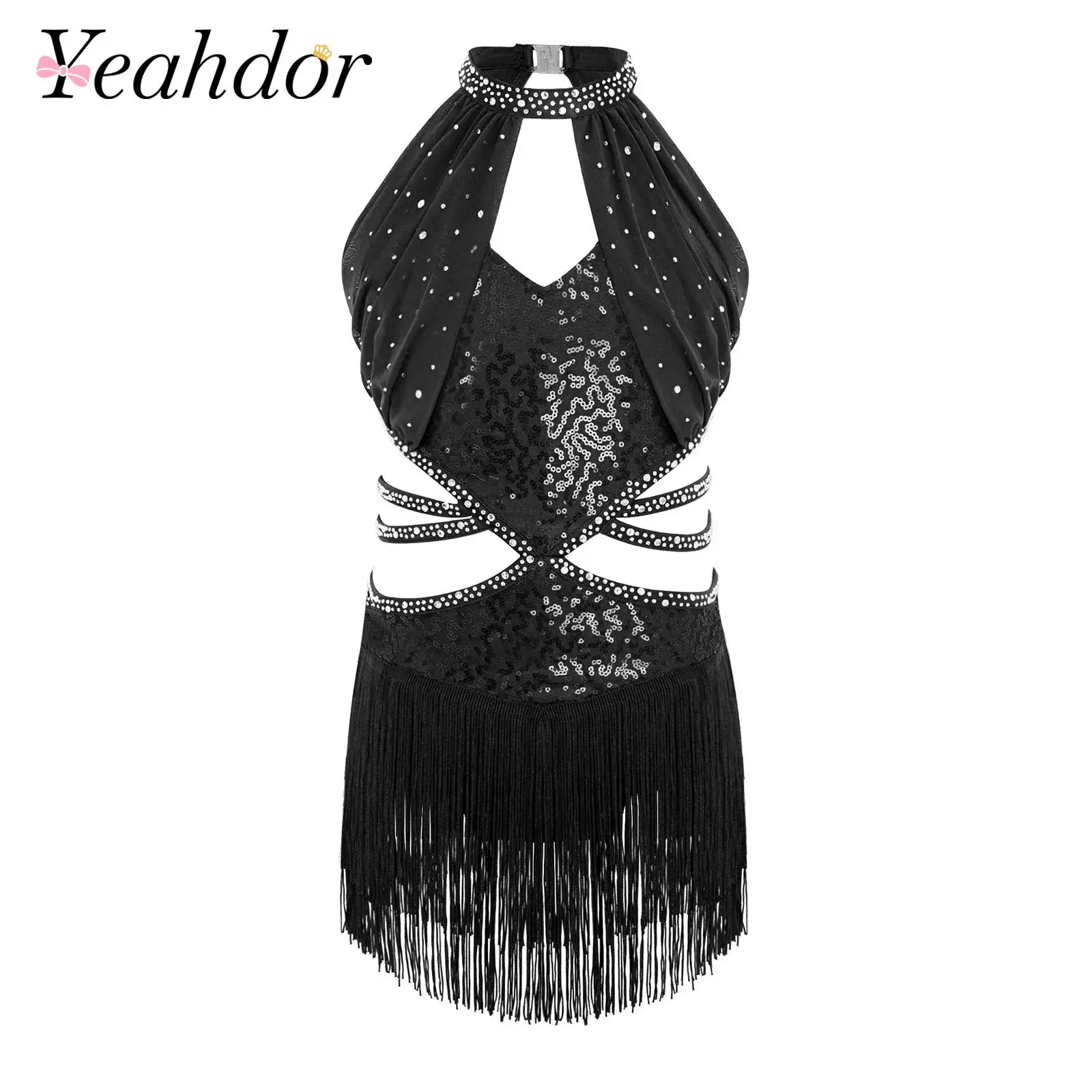 Kids Girls Latin Dance Dress Sleeveless Mesh Overlay Cutout Tassel Sequin Cha-cha Leotard Dress Samba Salsa Jazz Tango Dancewear