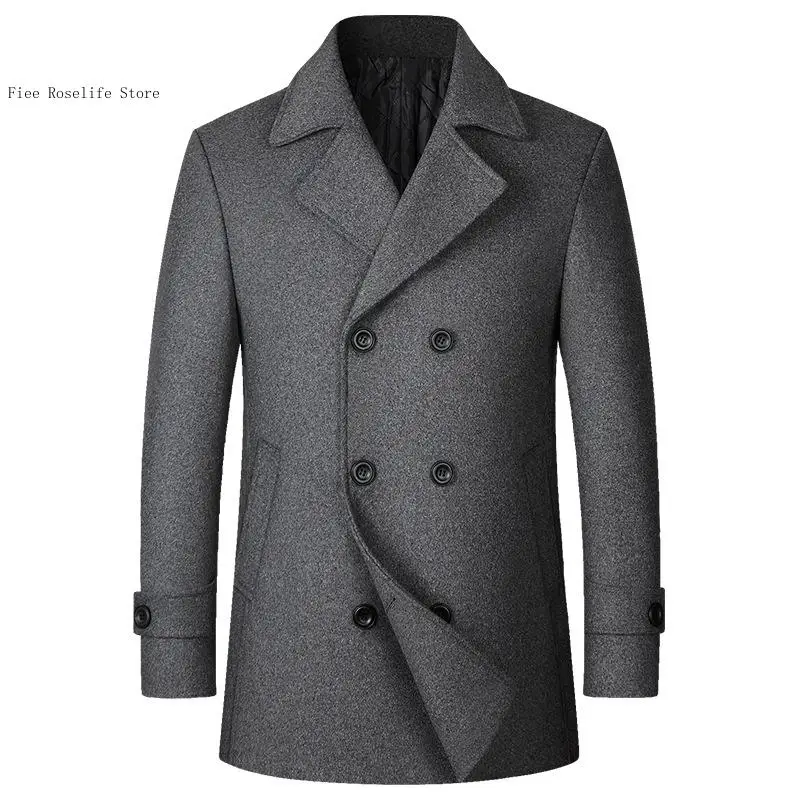 Spring and Autumn Winter Pure Color Simple Business Euro Size Woolen Double Breasted Collar Medium Length Coat for Men
