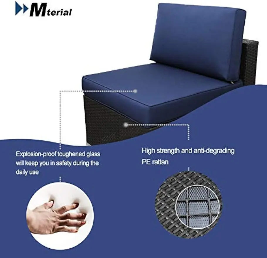 Pátio PE Rattan Wicker Sofa Set, Outdoor Sets móveis secionais com almofadas do sofá, 2 travesseiro e mesa de chá, 5 pcs