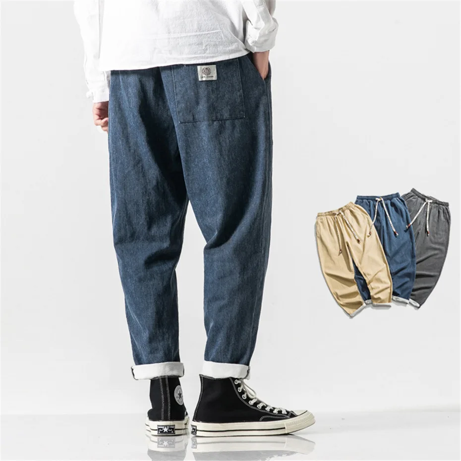 Denim Pants Men Hip Hop Streetwear Jeans Vintage Solid Color Jeans Elastic Waist Trousers US Size Clothes