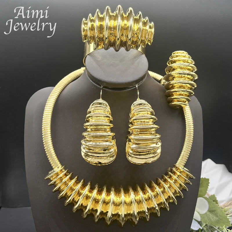 Big Size Dubai 24K Gold Plated Jewelry Set African Necklace Pendant Earring Bracelet Ring Women Golden Chain Party Wedding Gifts