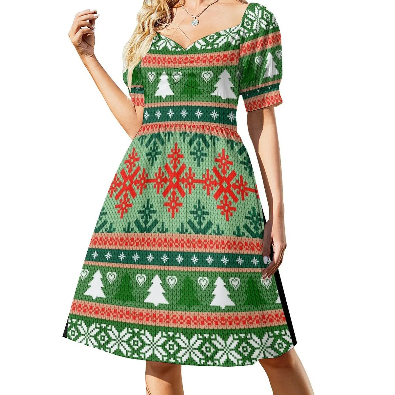 

Winter Holiday Christmas Nordic Folk Pattern Sweater Short Sleeved Dress Dress vintage Aesthetic clothing Dress