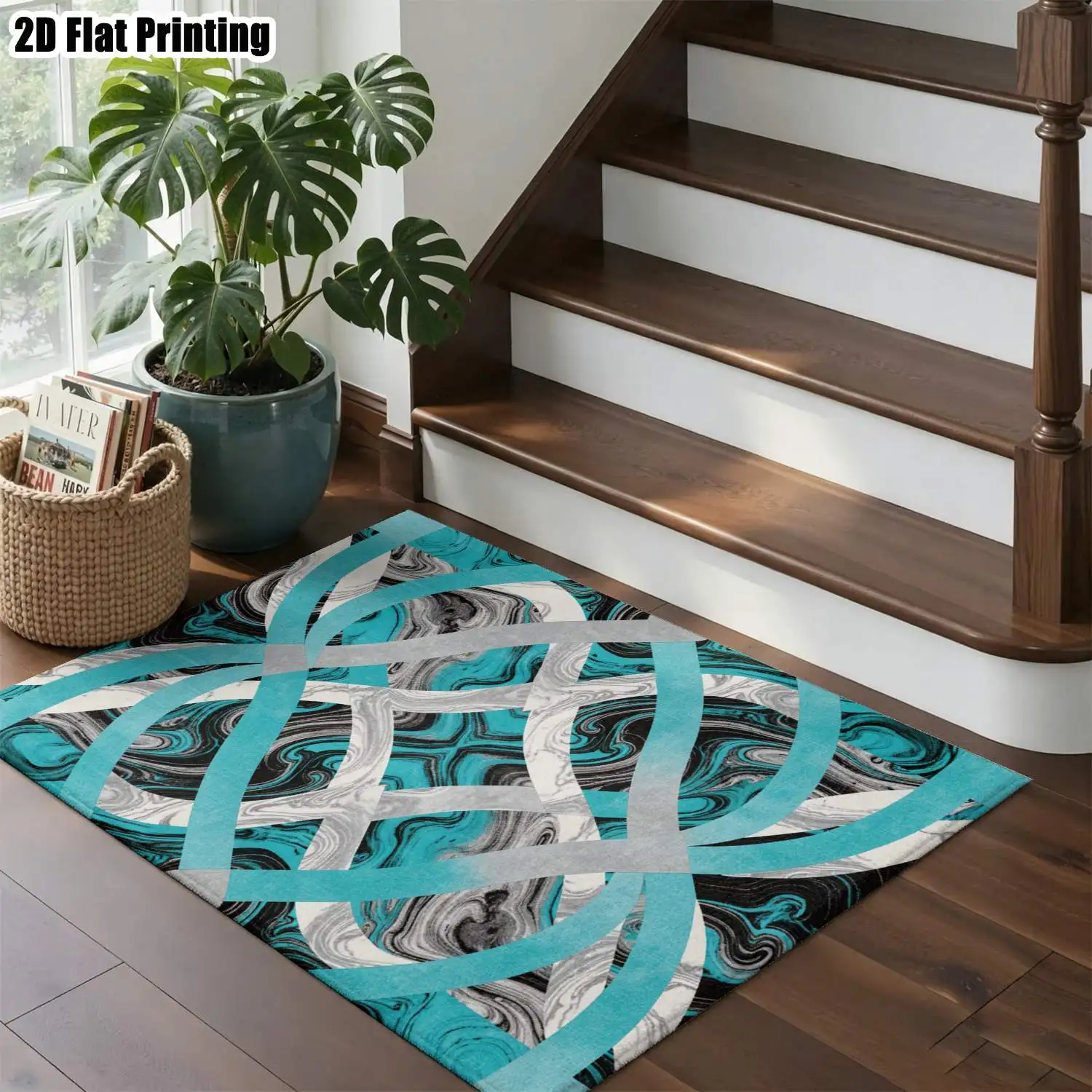 1Pc 2D Printed Carpet: Lake Blue-Grey Fluid Geometric Pattern, Modern Simple Instagram Style Floor Mat, Multi-Size, Machine Washable, Ideal for Home Decor & Multi-Scenario Use