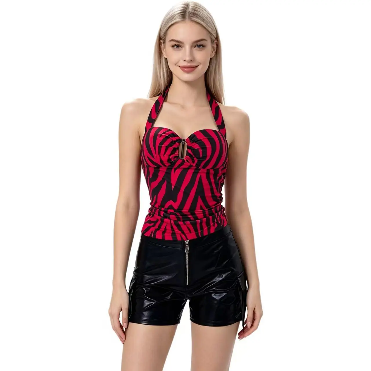 Obsession Nikki Rotes Zebra-Netz-Neckholder-Top für Damen, Cosplay, Horrorfilm, Rollenspiel, Sommer-Heißtop, Halloween-Kostüme – Detail 4