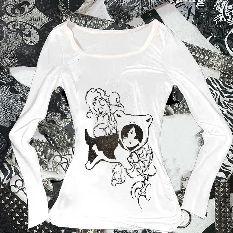 

Y2k Женские осенние женские футболки Женская одежда для женщин Trashy Y2k 2000-х Топы с принтом кота Готические детские футболки с длинными рукавами для девочек