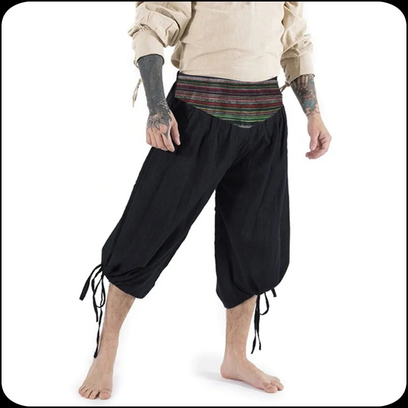 

4XL Adult Men Medieval Renaissance Lounge Pirate Horseman Costume Loose Pants Viking Black Brown Navigator Leg Bandage Trouser