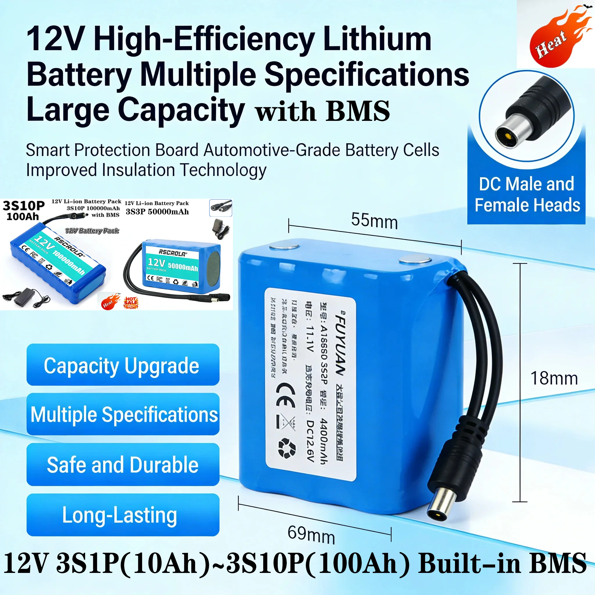 12V 10Ah-100Ah 18650 3S8P Rechargeable Lithium Battery Pack Built-in BMS 12.6V for Solar, LED Light, RC Model, Power Supply