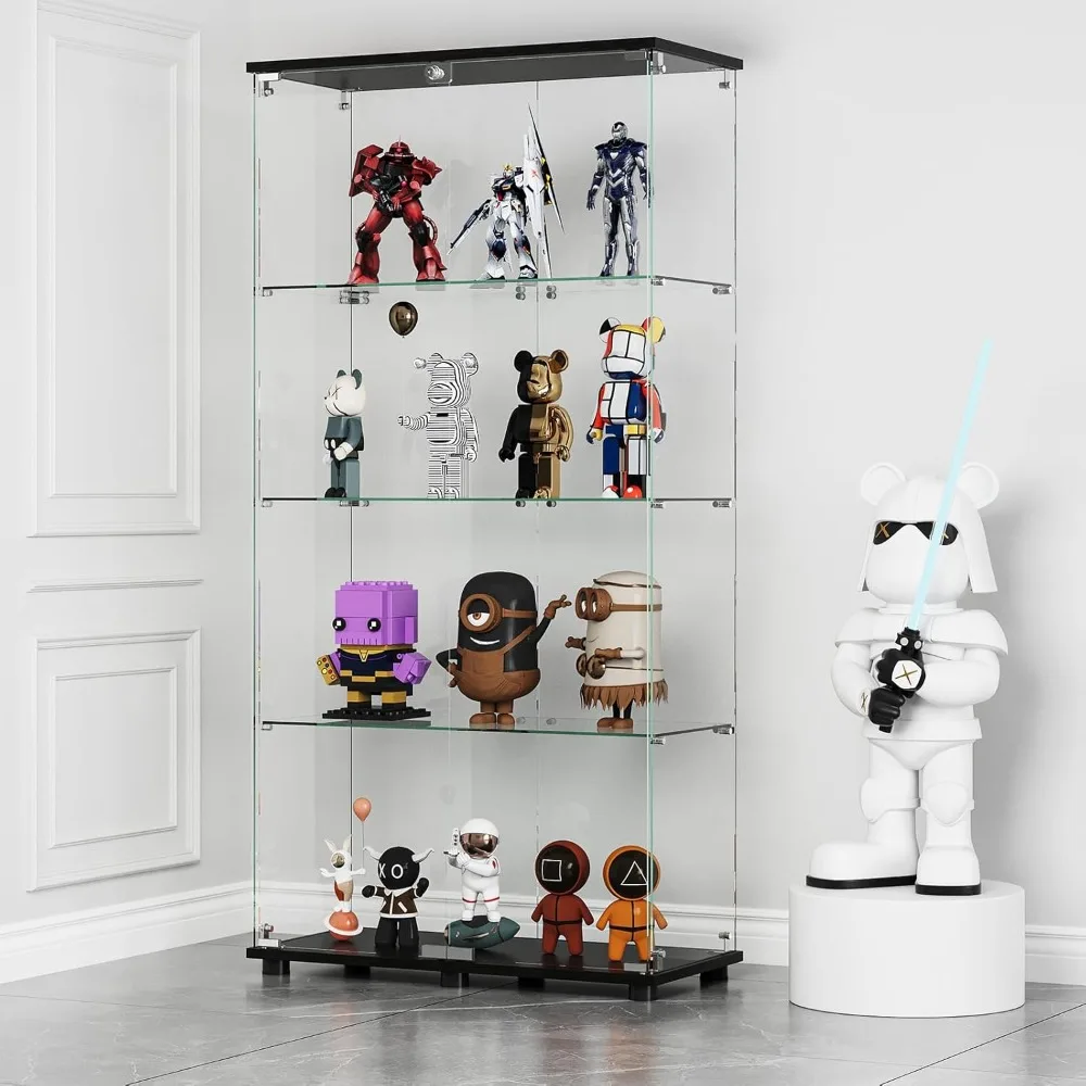 

Glass Display Cabinet with 4-Shelf Double Doors and Lock, Curio Cabinet 5mm Tempered Glass Floor Standing Bookshelf for Living R