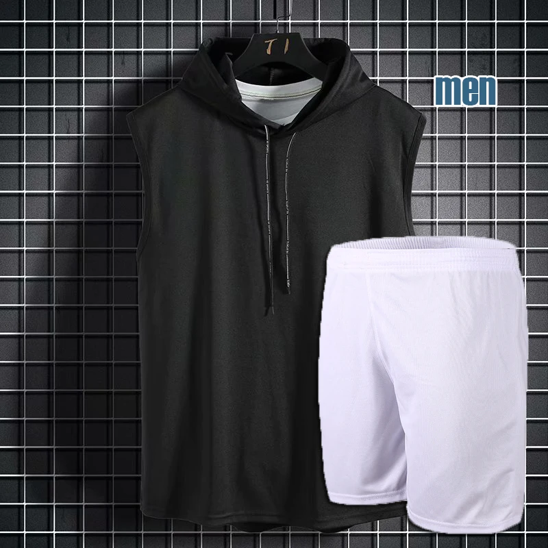 カジュアルなフード付きノースリーブ爽やかレディース夏作業着薄手ゆったりおしゃれカップルノースリーブベストショーツツーピースセット