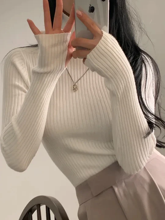 

Korean Sle High Ne Knitted Sweater Women's Sexy New Model Premium Soft Cozy Slimming Base Layer irt Sve Hand Knit