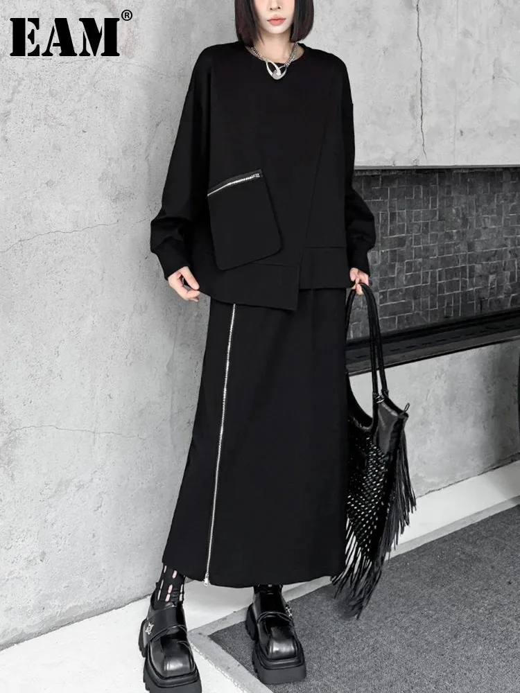 [EAM]Black Zipper Sweatshirt Half-body Skirt Two Pieces Suit New Round Neck Long Sleeve Women Fashion Spring Autumn 2025 1DH7234