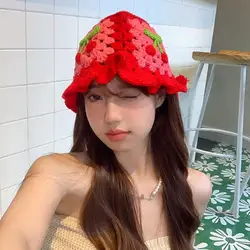 Cherry Crochet Bucket Hat Women Spring Autumn Handmade Knitted Cute Beanies Cap Vacation Hat INS Korean Cute Beanies Panama Cap