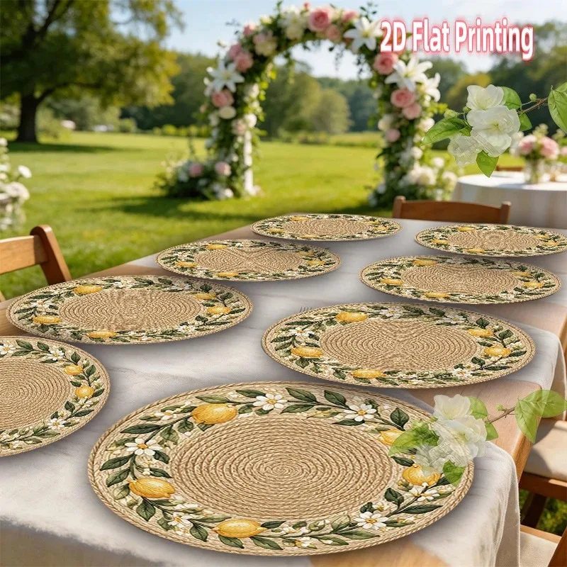 4-Piece 2D Printed Placemats - Imitation Rattan Lemon Flower Round - 15-Inch Polyester Tablecloth, Home Decoration, Festival Use view 4