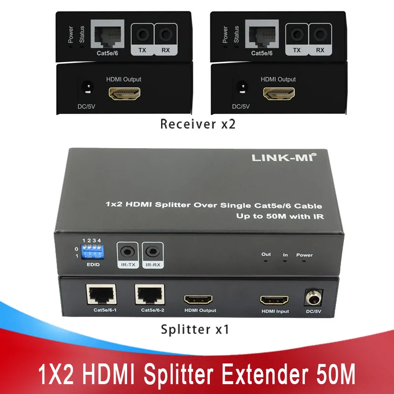 LINK-MI 1x2 HDMI Splitter Over Single Cat5e/6 Cable Up to 50M with IR Support 3D 1080P  DIP switch for EDID setting