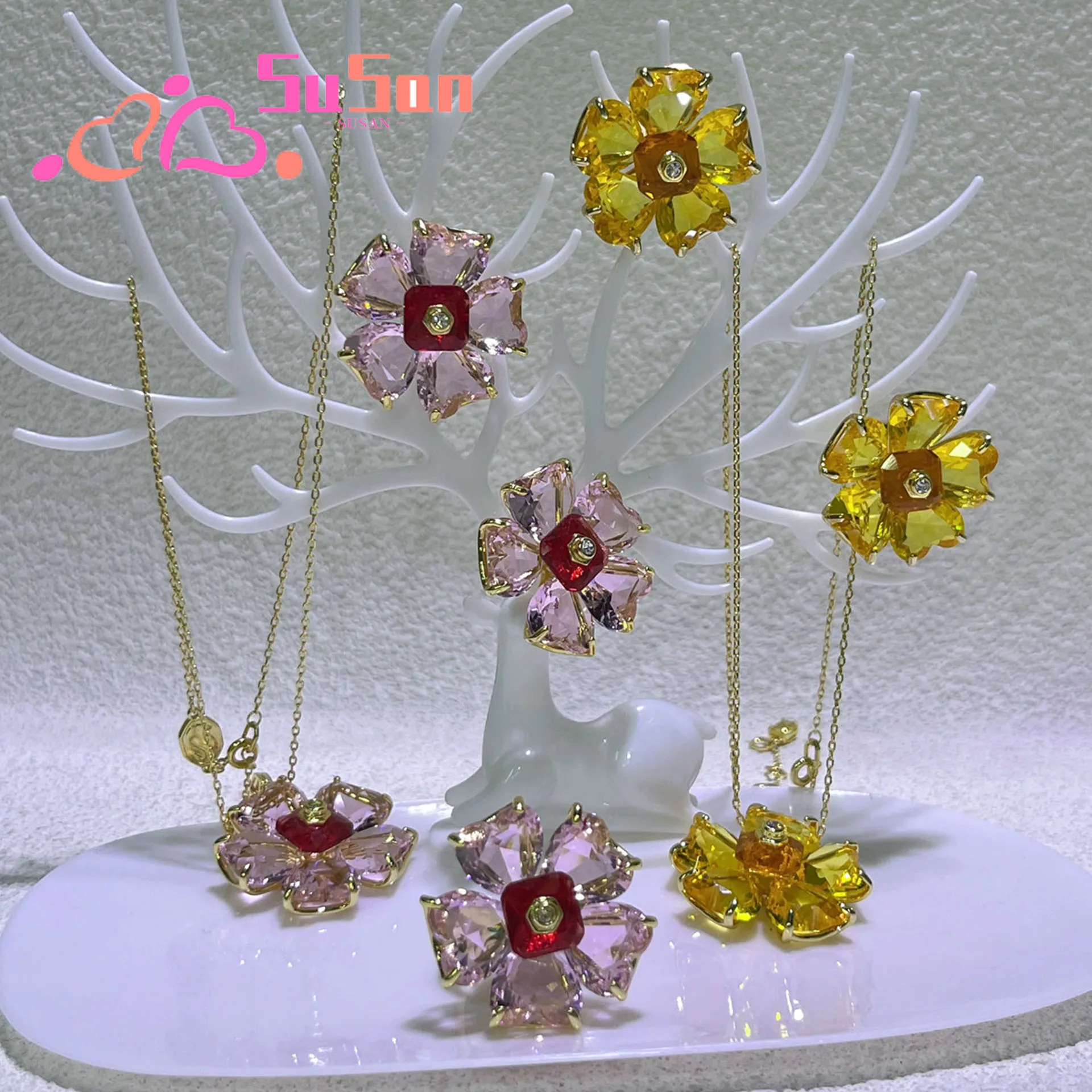 

New Trends Jewelry Set Original Fashion Luxury Earrings Bracelet Ring Neck Binder Yellow Floral Necklace Christmas Party Gifts