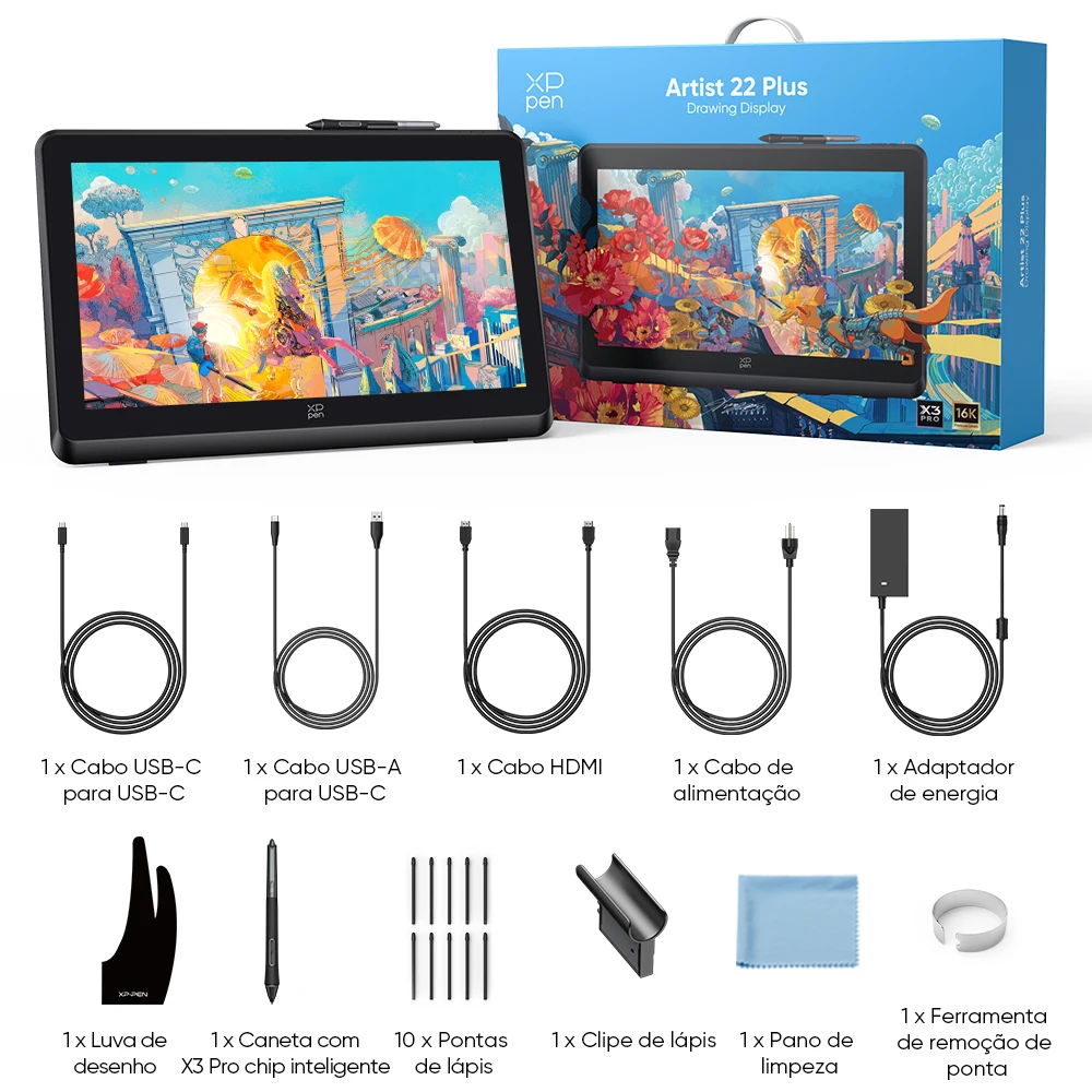 Tablet Gráfico XPPen Artist 22 Plus com Monitor, 16K Níveis de